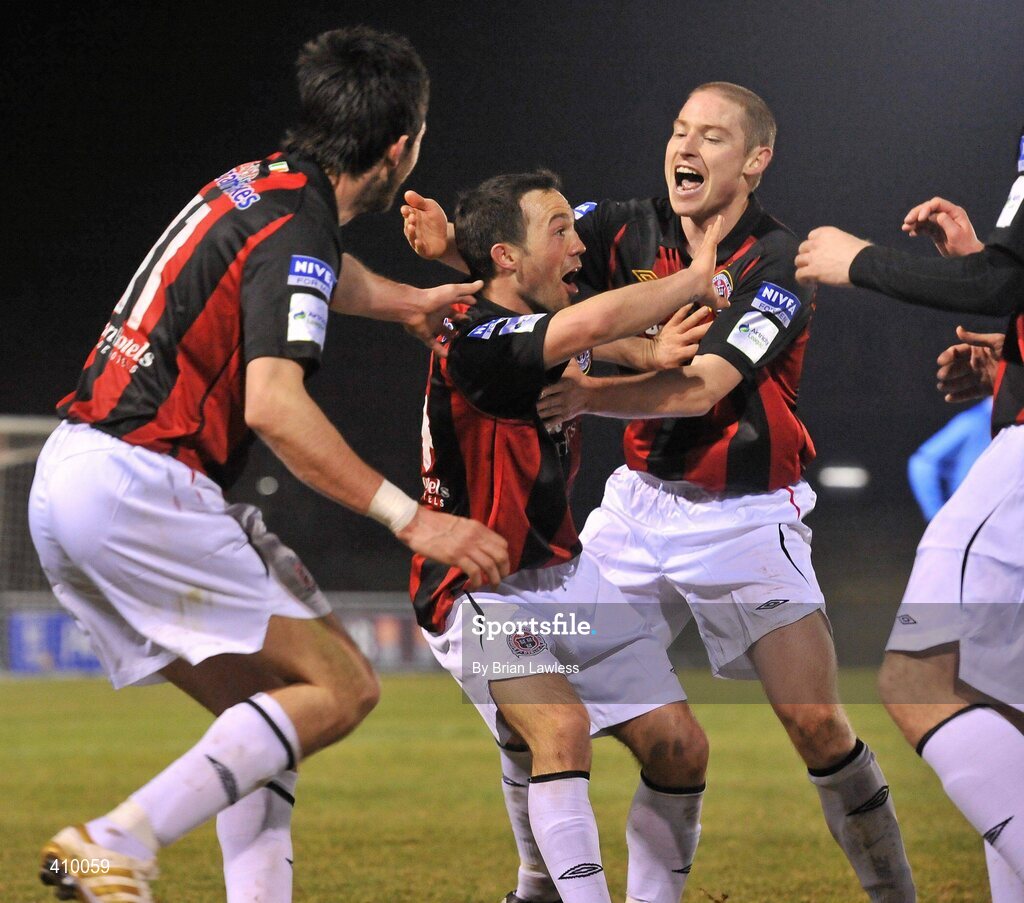 16 March 2010; Bohemians' Rafaelle Cretaro, centre, celebrates with team-mates, Killian Brennan, left, and Glen Cronin, after scoring his side's second goal. Airtricity League Premier Division, UCD v Bohemians, UCD Bowl, Belfield, Dublin. Picture credit: Brian Lawless / SPORTSFILE