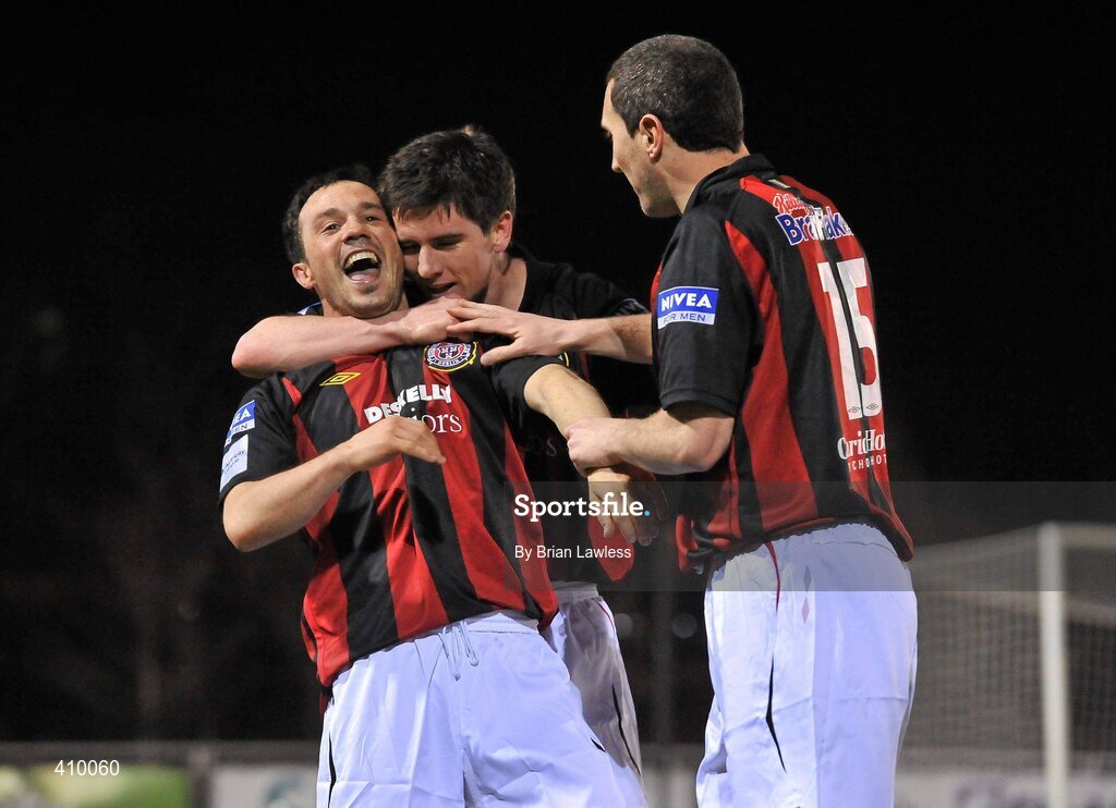16 March 2010; Bohemians' Rafaelle Cretaro, left, celebrates with team-mates, Killian Brennan, and Jason Byrne, right, after scoring his side's second goal. Airtricity League Premier Division, UCD v Bohemians, UCD Bowl, Belfield, Dublin. Picture credit: Brian Lawless / SPORTSFILE