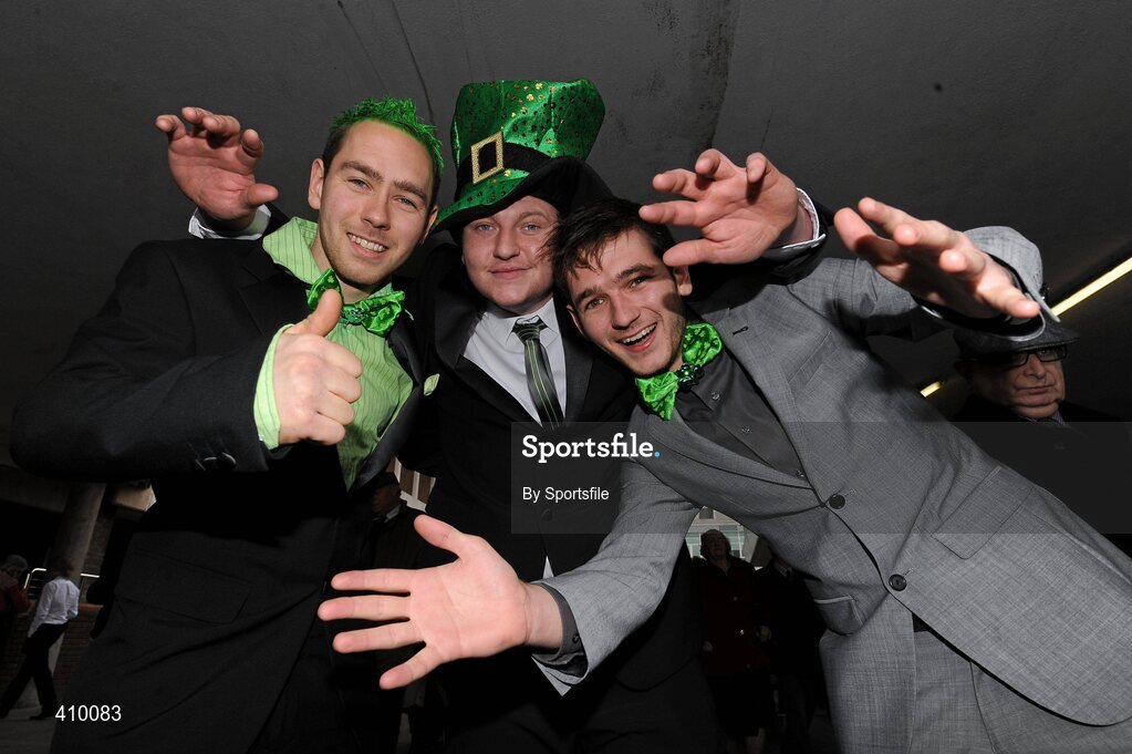 17 March 2010; Don McCann, Left, Charlie Warren, Centre, and Sam McCann, right, all from Bristol, England, ahead of the second day of the 2010 Cheltenham Racing Festival. Prestbury Park, Cheltenham, Gloucestershire, England. Photo by Sportsfile