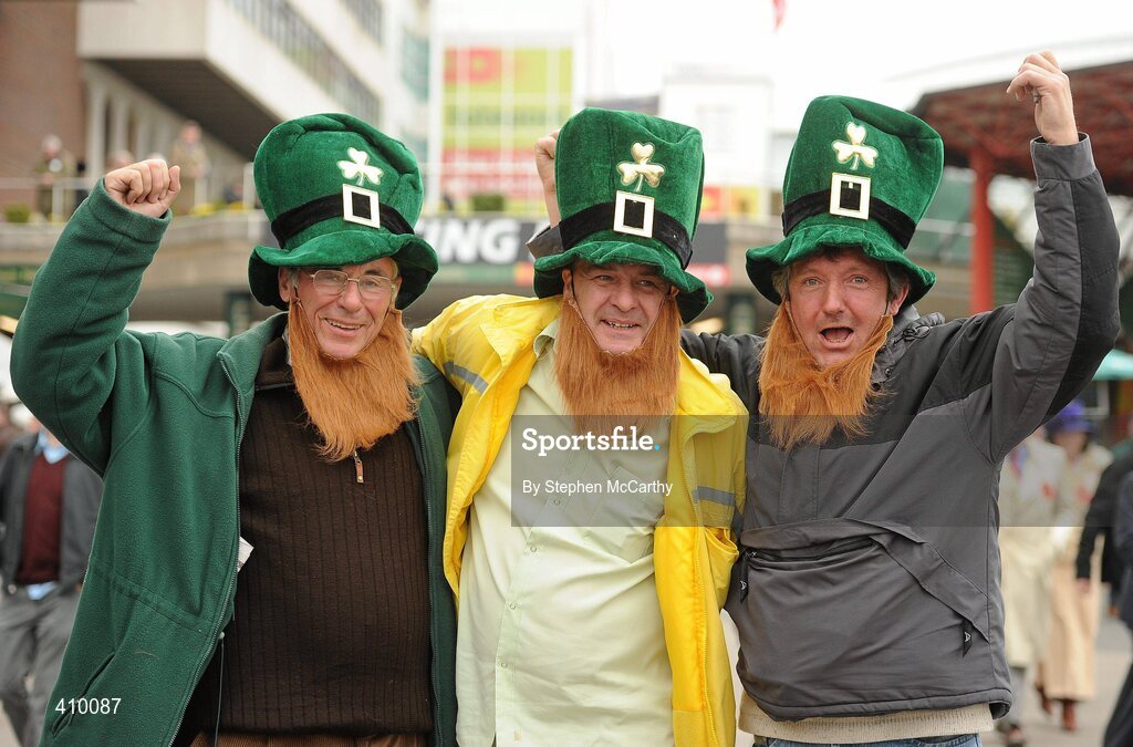 17 March 2010; Irish punters, from left, Tony and Kevin Ramsdale with Peter May, from Carrigaline, Co. Cork, ahead of the second day of the Cheltenham Racing Festival. Cheltenham Racing Festival - Wednesday. Prestbury Park, Cheltenham, Gloucestershire, England. Picture credit: Stephen McCarthy / SPORTSFILE