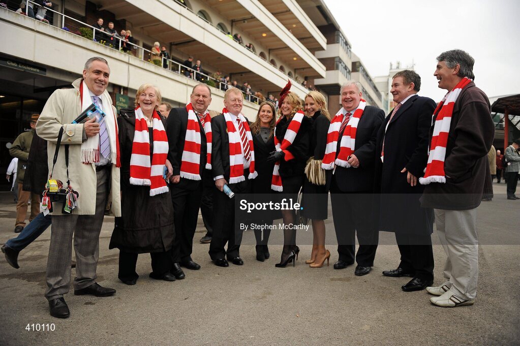 17 March 2010; Charlie Chawke and members of the 'Goat Racing Syndicate' with ladies, from left, Rachel Reidy, from the Curragh, Co. Kildare, Chanelle McCoy, from Galway, and Emma Spencer, from Newmarket, ahead of the second day of the Cheltenham Racing Festival. Cheltenham Racing Festival - Wednesday. Prestbury Park, Cheltenham, Gloucestershire, England. Picture credit: Stephen McCarthy / SPORTSFILE