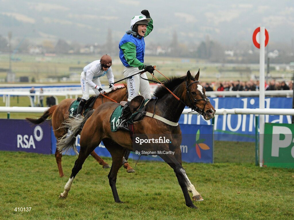 17 March 2010; Jockey Katie Walsh, onboard Poker de Sivola, celebrates winning the 140th Year Of The National Hunt Chase Challenge Cup, from second place Becauseicouldntsee, with Nina Carberry up. Cheltenham Racing Festival - Wednesday. Prestbury Park, Cheltenham, Gloucestershire, England. Picture credit: Stephen McCarthy / SPORTSFILE