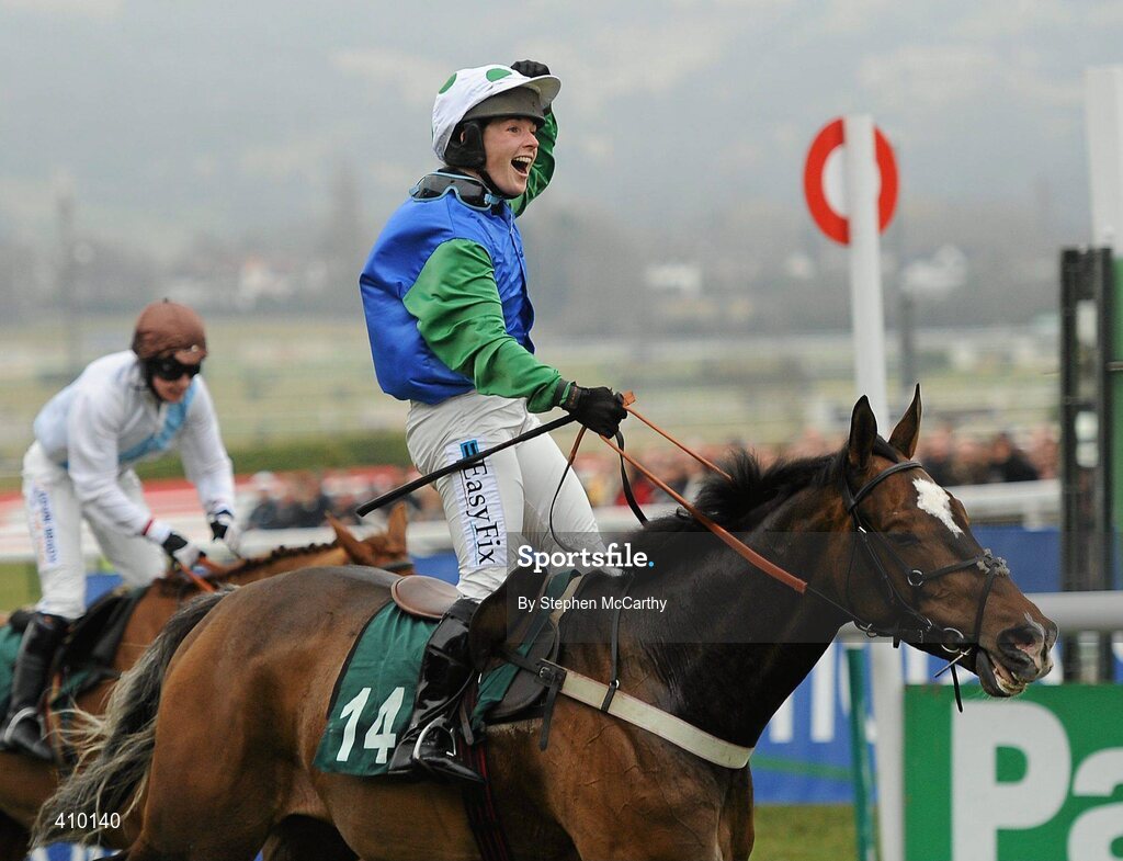 17 March 2010; Jockey Katie Walsh, onboard Poker de Sivola, celebrates winning the 140th Year Of The National Hunt Chase Challenge Cup, from second place Becauseicouldntsee, with Nina Carberry up. Cheltenham Racing Festival - Wednesday. Prestbury Park, Cheltenham, Gloucestershire, England. Picture credit: Stephen McCarthy / SPORTSFILE
