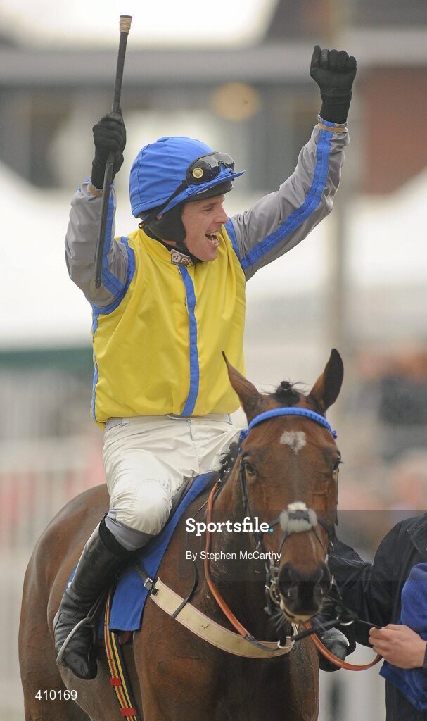 17 March 2010; Jockey Jason Maguire, onboard Peddlers Cross, celebrates after winning the Neptune Investment Management Novices' Hurdle. Cheltenham Racing Festival - Wednesday. Prestbury Park, Cheltenham, Gloucestershire, England. Picture credit: Stephen McCarthy / SPORTSFILE
