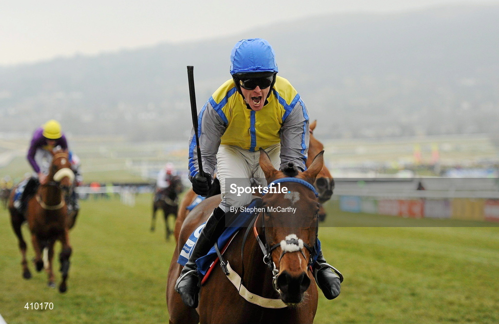 17 March 2010; Jockey Jason Maguire, onboard Peddlers Cross, celebrates after winning the Neptune Investment Management Novices' Hurdle, from third place Rite of Passage, with Robbie McNamara up, left. Cheltenham Racing Festival - Wednesday. Prestbury Park, Cheltenham, Gloucestershire, England. Picture credit: Stephen McCarthy / SPORTSFILE