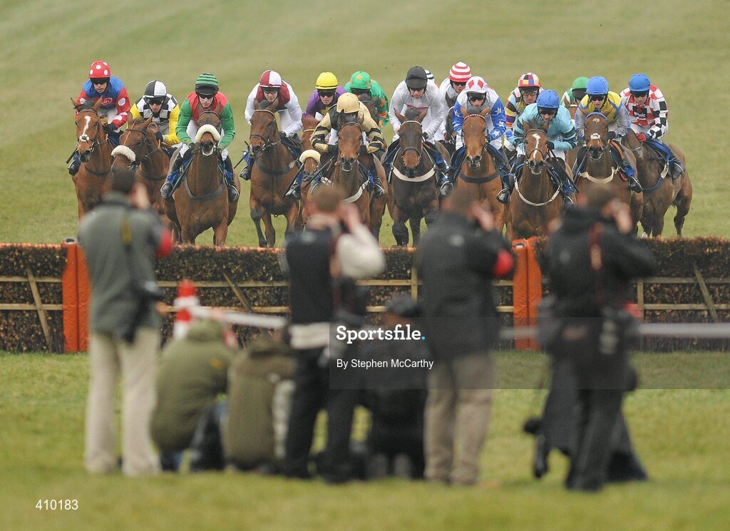 17 March 2010; Runners and riders approach the last hurdle, first time around, during the Neptune Investment Management Novices' Hurdle. Cheltenham Racing Festival - Wednesday. Prestbury Park, Cheltenham, Gloucestershire, England. Picture credit: Stephen McCarthy / SPORTSFILE