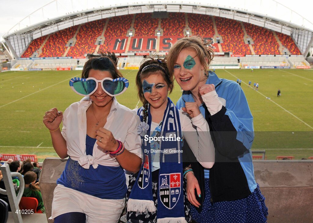 17 March 2010; Rockwell College supporters, from left, Jenna Belghafria, Mimi Lane, and Michaela Kavanagh cheer on their team before the game. Munster Schools Senior Cup Final, Rockwell College v PBC, Thomond Park, Limerick. Picture credit: Diarmuid Greene / SPORTSFILE