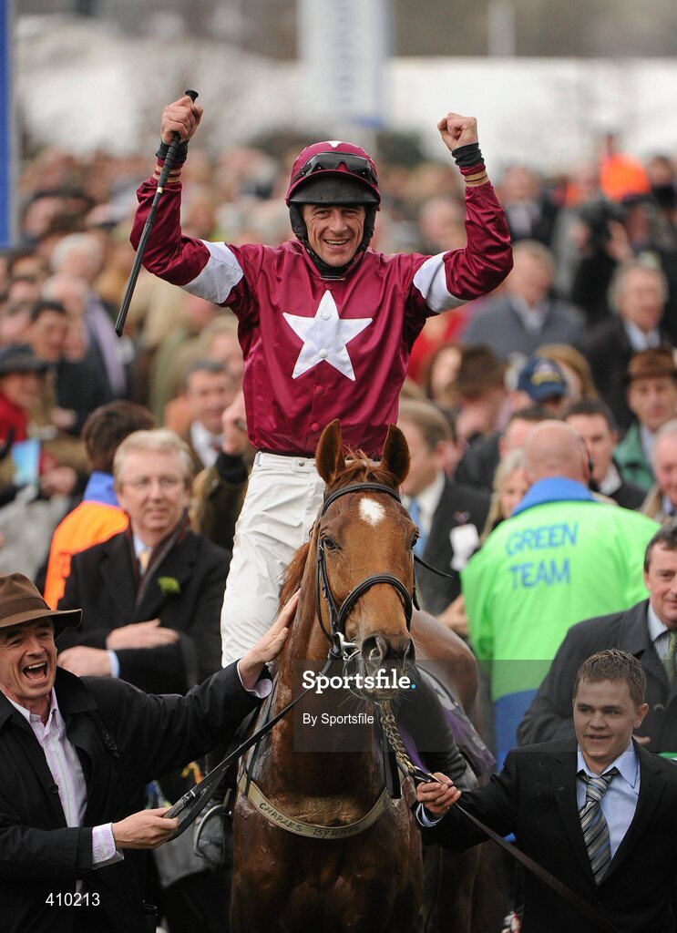 17 March 2010; Weapon's Amnesty, with Davy Russell up, celebrates after winning the RSA Chase. Cheltenham Racing Festival - Wednesday. Prestbury Park, Cheltenham, Gloucestershire, England. Photo by Sportsfile