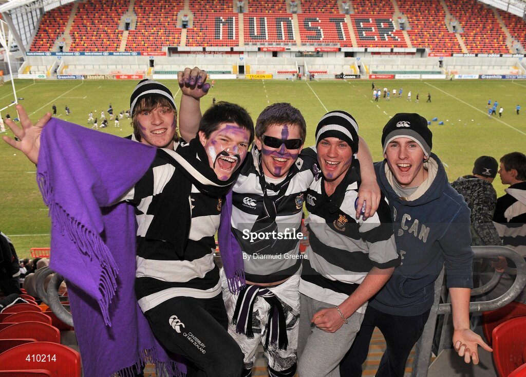 17 March 2010; PBC supporters, from left, Donal Moriarty, Craig O'Driscoll, Briain O'Sullivan, Shane Murphy, and Darren O'Flynn. Munster Schools Senior Cup Final, Rockwell College v PBC, Thomond Park, Limerick. Picture credit: Diarmuid Greene / SPORTSFILE