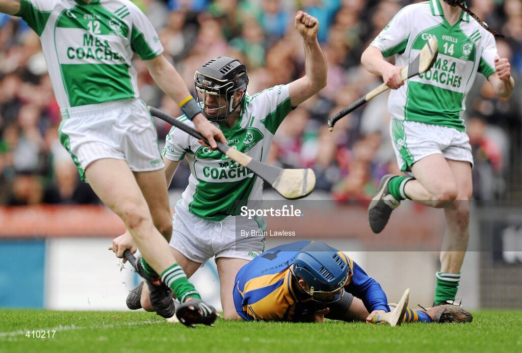 17 March 2010; David Hoyne, Ballyhale Shamrocks, celebrates scoring his side's first goal as Portumna goalkeeper Ivan Canning lies on the grond. AIB GAA Hurling All-Ireland Senior Club Championship Final, Ballyhale Shamrocks v Portumna, Croke Park, Dublin. Picture credit: Brian Lawless / SPORTSFILE