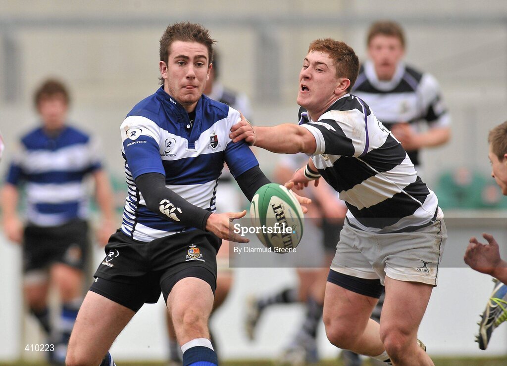 17 March 2010; JJ Hanrahan, Rockwell College, is tackled by Daniel Horgan, PBC. Munster Schools Senior Cup Final, Rockwell College v PBC, Thomond Park, Limerick. Picture credit: Diarmuid Greene / SPORTSFILE