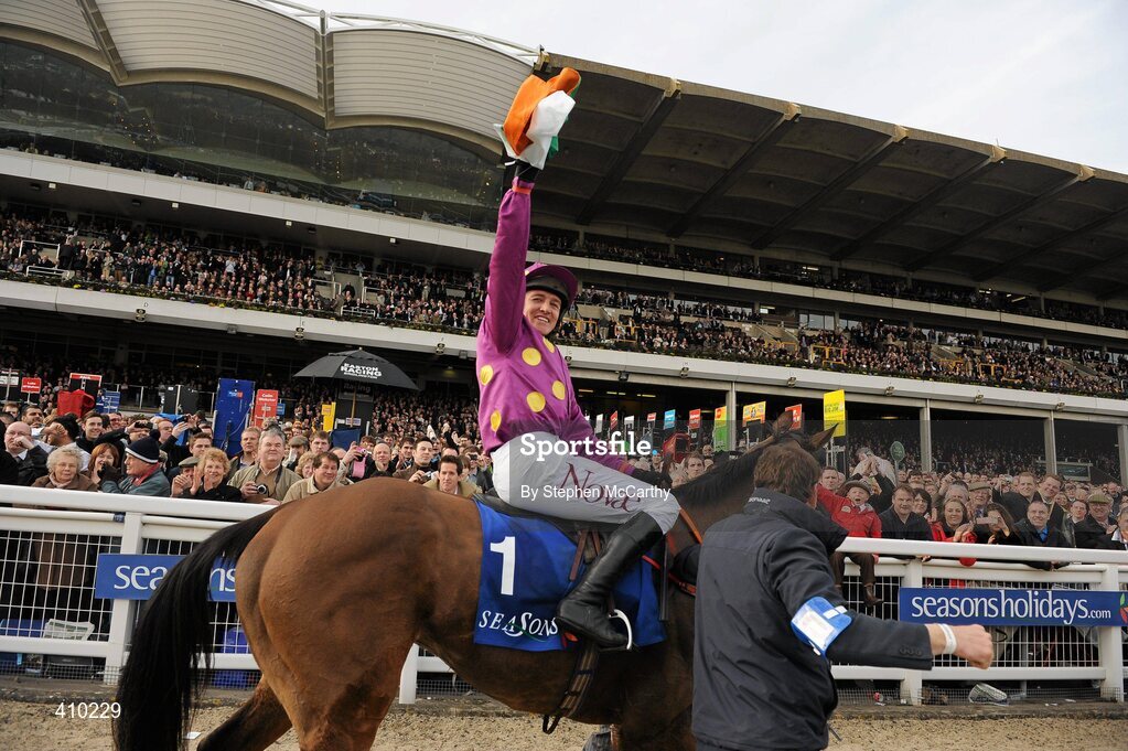 17 March 2010; Jockey Barry Geraghty, onboard Big Zeb, celebrates after winning the Seasons Holidays Queen Mother Champion Chase. Cheltenham Racing Festival - Wednesday. Prestbury Park, Cheltenham, Gloucestershire, England. Picture credit: Stephen McCarthy / SPORTSFILE