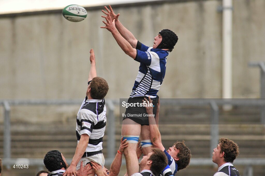 17 March 2010; Sean McNulty, Rockwell College, wins possession in the line-out ahead of Rob O'Herlihy PBC. Munster Schools Senior Cup Final, Rockwell College v PBC, Thomond Park, Limerick. Picture credit: Diarmuid Greene / SPORTSFILE