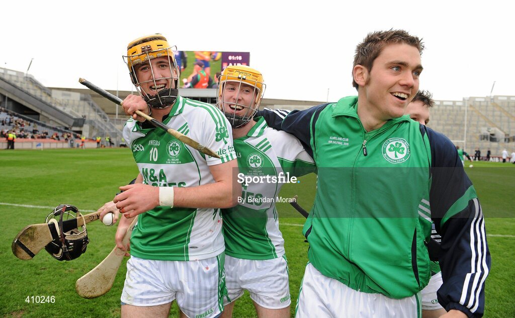 17 March 2010; Colin Fennelly, left, James 'Cha' Fitzpatrick and Ger Fennelly, Ballyhale Shamrocks, celebrate after the game. AIB GAA Hurling All-Ireland Senior Club Championship Final, Ballyhale Shamrocks v Portumna, Croke Park, Dublin. Picture credit: Brendan Moran / SPORTSFILE