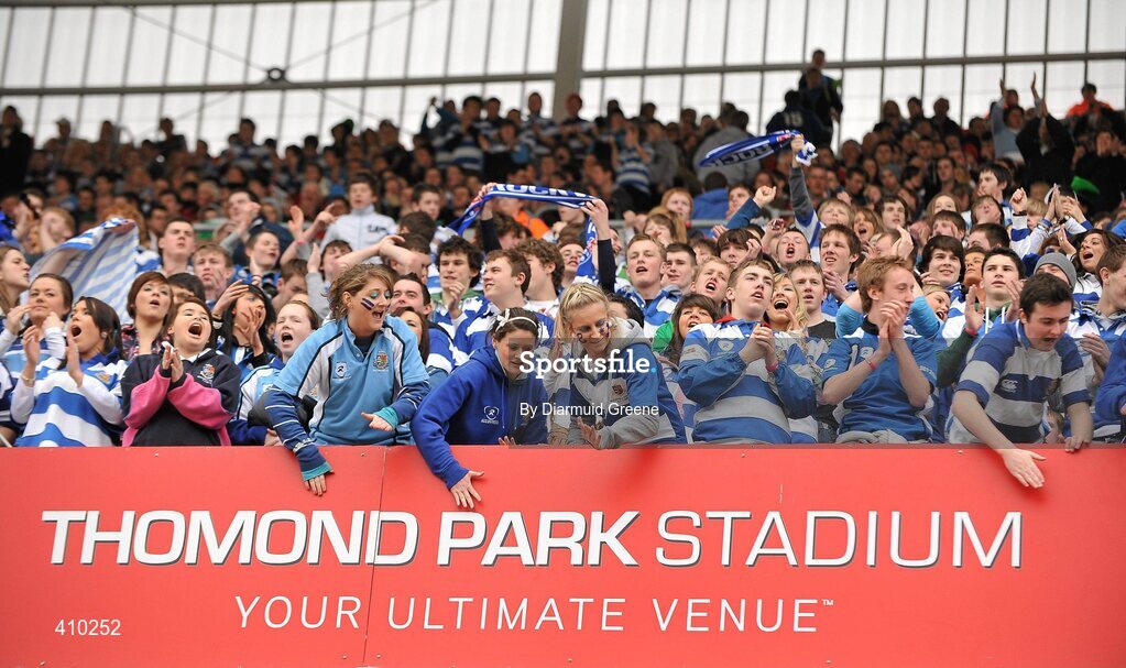17 March 2010; Rockwell College supporters celebrate a score during the game. Munster Schools Senior Cup Final, Rockwell College v PBC, Thomond Park, Limerick. Picture credit: Diarmuid Greene / SPORTSFILE