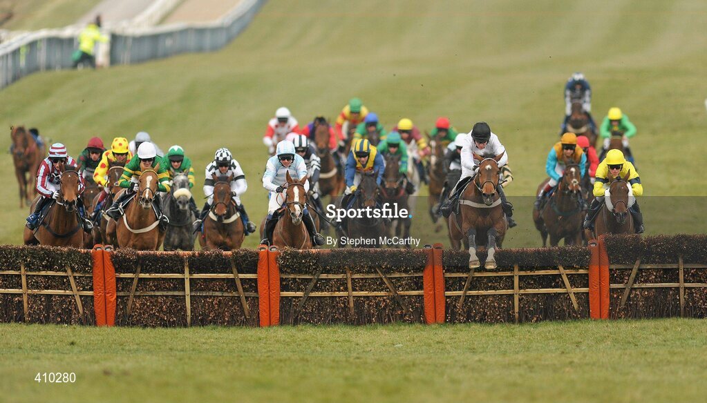 17 March 2010; Spirit River, with Barry Geraghty up, jump the last on their way to winning the Coral Cup. Cheltenham Racing Festival - Wednesday. Prestbury Park, Cheltenham, Gloucestershire, England. Picture credit: Stephen McCarthy / SPORTSFILE