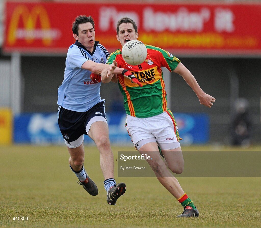 17 March 2010; Brendan Murphy, Carlow, in action against Nicky Devereux, Dublin. Cadbury Leinster GAA Football Under 21 Semi-Final, Carlow v Dublin, Dr Cullen Park, Carlow. Picture credit: Matt Browne / SPORTSFILE