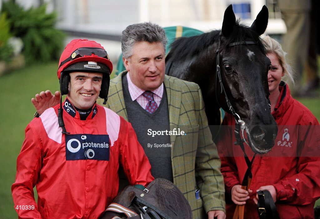 17 March 2010; Jockey Ruby Walsh and trainer of Sanctuaire Paul Nicholls after winning the Fred Winter Juvenile Novices' Handicap Hurdle aboard Sanctuaire. Cheltenham Racing Festival - Wednesday. Prestbury Park, Cheltenham, Gloucestershire, England. Photo by Sportsfile