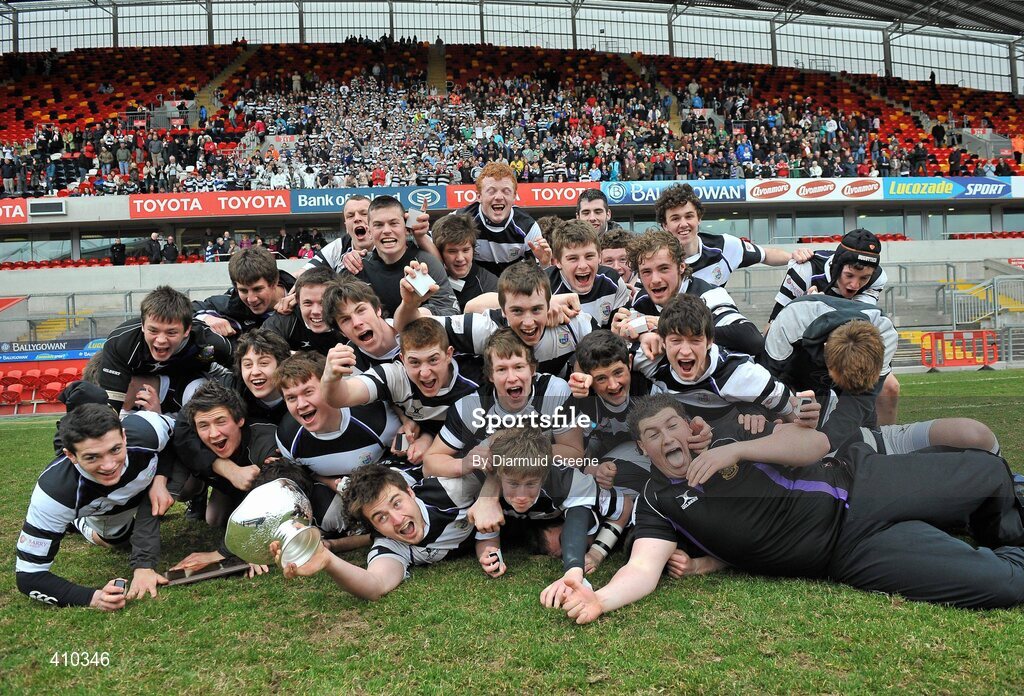 17 March 2010; The PBC team celebrate on the pitch with the cup after victory over Rockwell College. Munster Schools Senior Cup Final, Rockwell College v PBC, Thomond Park, Limerick. Picture credit: Diarmuid Greene / SPORTSFILE