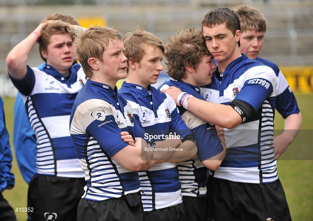 17 March 2010; Dejected Rockwell College players watch on during the cup presentation. Munster Schools Senior Cup Final, Rockwell College v PBC, Thomond Park, Limerick. Picture credit: Diarmuid Greene / SPORTSFILE