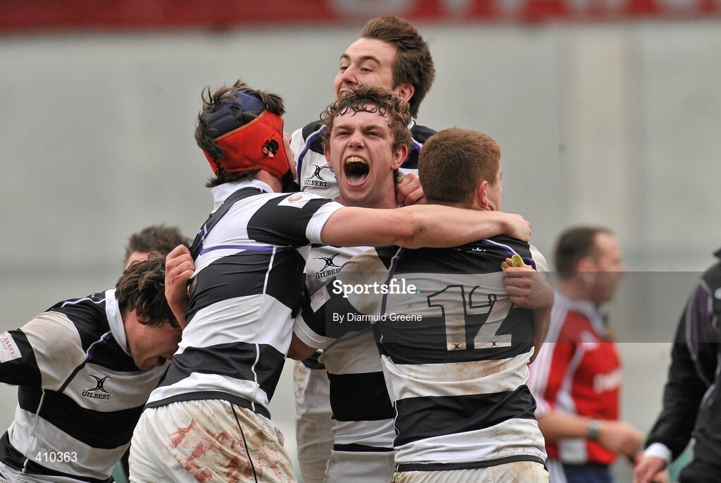 17 March 2010; PBC players, from left, Man of the Match Jack Duffy, Cathal O'Flaherty, joint captains David O'Mahony and Niall Scannell, top, and Daniel Horgan celebrate at the final whistle. Munster Schools Senior Cup Final, Rockwell College v PBC, Thomond Park, Limerick. Picture credit: Diarmuid Greene / SPORTSFILE
