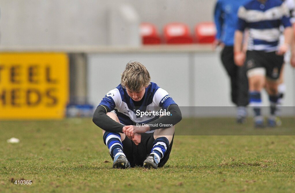 17 March 2010; A dejected Conor Hyland, Rockwell College, at the final whistle. Munster Schools Senior Cup Final, Rockwell College v PBC, Thomond Park, Limerick. Picture credit: Diarmuid Greene / SPORTSFILE
