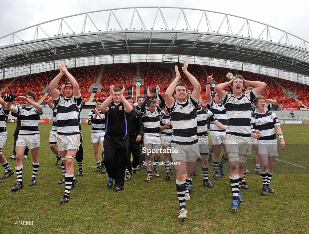 17 March 2010; PBC players led by joint captains Niall Scannell, centre, and David O'Mahony applaud their supporters after victory over Rockwell College. Munster Schools Senior Cup Final, Rockwell College v PBC, Thomond Park, Limerick. Picture credit: Diarmuid Greene / SPORTSFILE