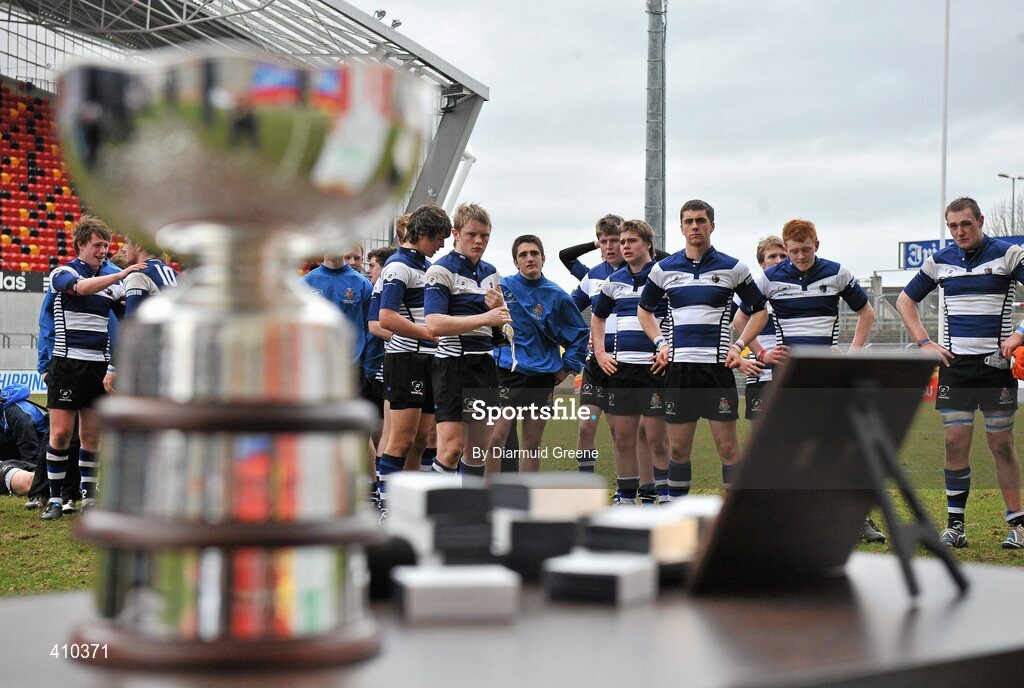 17 March 2010; Dejected Rockwell College players, including captain Shane Buckley, extreme right, watch on before the cup presentation. Munster Schools Senior Cup Final, Rockwell College v PBC, Thomond Park, Limerick. Picture credit: Diarmuid Greene / SPORTSFILE