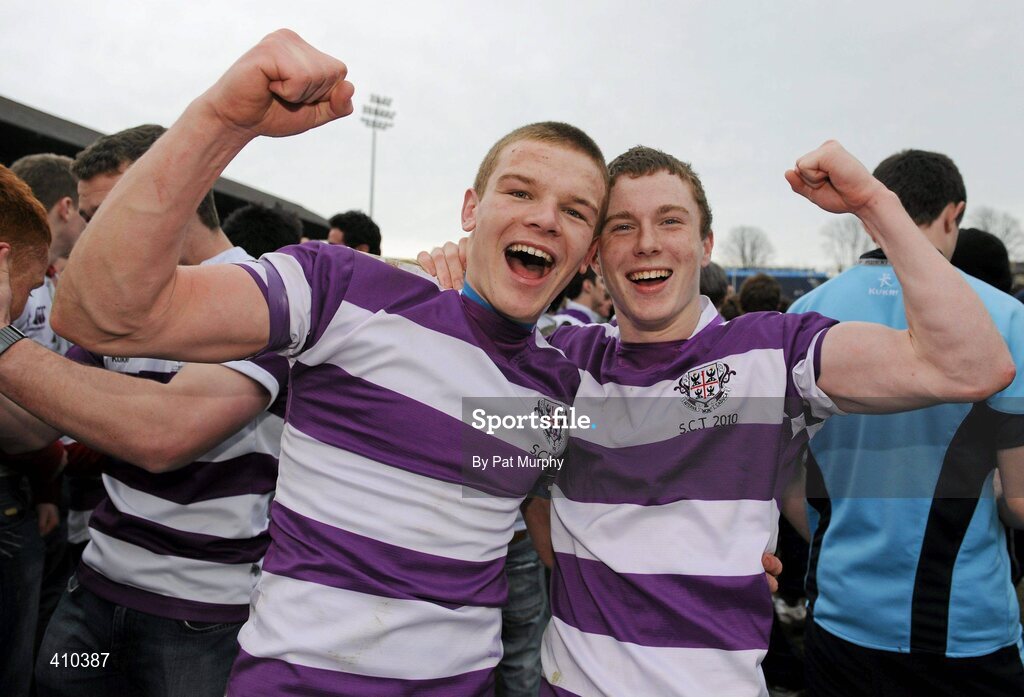17 March 2010; Clongowes Wood College SJ players Garret O'Sulleabhain and Aaron Thompson, right, celebrate after the game. Leinster Schools Senior Cup Final, Clongowes Wood College SJ v St. Michael's College. RDS, Ballsbridge, Dublin. Picture credit: Pat Murphy / SPORTSFILE