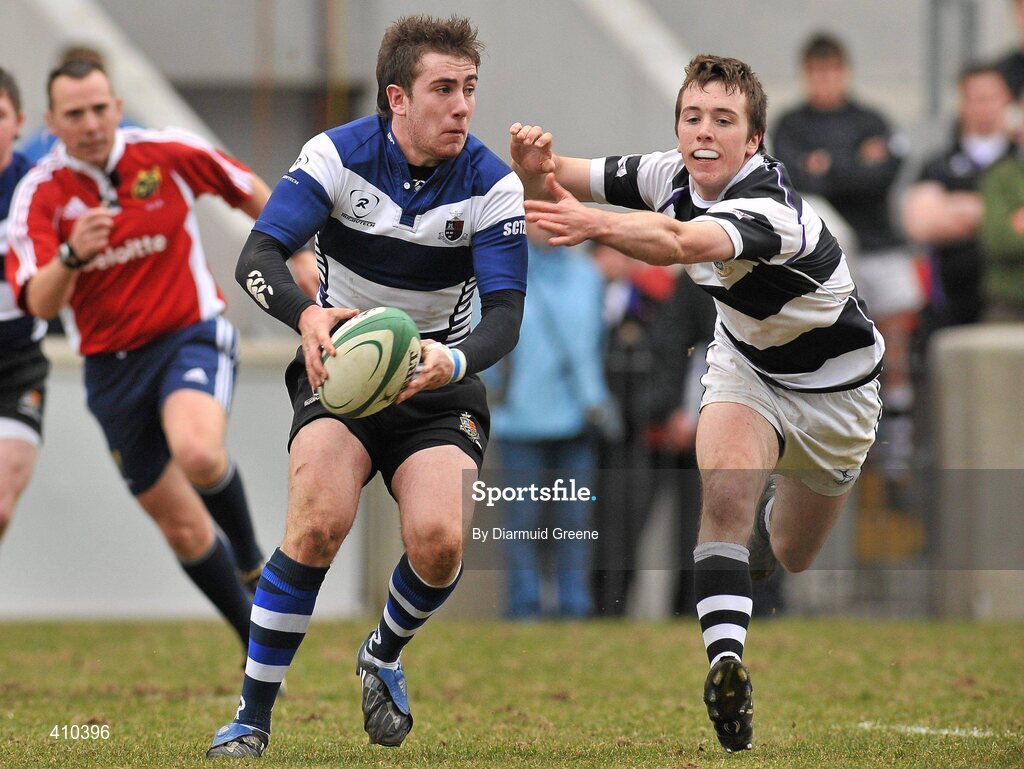 17 March 2010; JJ Hanrahan, Rockwell College, is tackled by Ronan Barry, PBC. Munster Schools Senior Cup Final, Rockwell College v PBC, Thomond Park, Limerick. Picture credit: Diarmuid Greene / SPORTSFILE