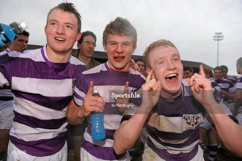 17 March 2010; Clongowes Wood College SJ players, from left, Stephen MacAuley, Oscar O'Sulleabhain and Conor Gilsenan celebrate after the game. Leinster Schools Senior Cup Final, Clongowes Wood College SJ v St. Michael's College. RDS, Ballsbridge, Dublin. Picture credit: Pat Murphy / SPORTSFILE