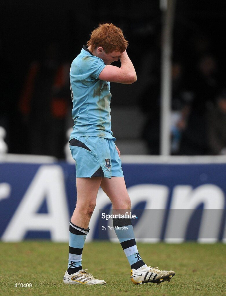 17 March 2010; Cathal Marsh, St. Michael's College, shows his disappointment after the game. Leinster Schools Senior Cup Final, Clongowes Wood College SJ v St. Michael's College. RDS, Ballsbridge, Dublin. Picture credit: Pat Murphy / SPORTSFILE