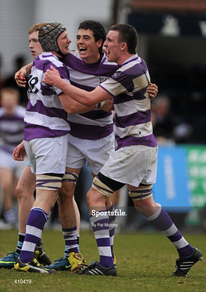 17 March 2010; Clongowes Wood College SJ, players, from left, Thomas Byrne, Jordan Coughlan and Robert Hynes, celebrate at the final whistle. Leinster Schools Senior Cup Final, Clongowes Wood College SJ v St. Michael's College. RDS, Ballsbridge, Dublin. Picture credit: Pat Murphy / SPORTSFILE