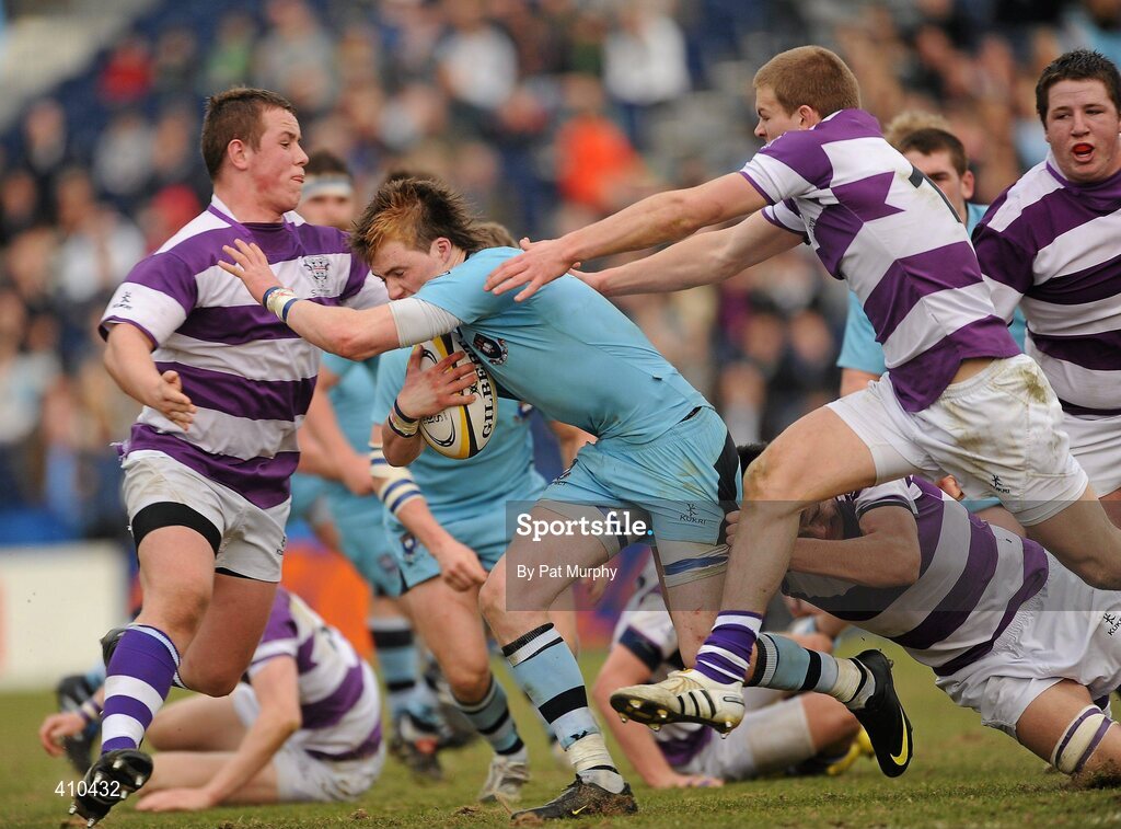 17 March 2010; Cormac Diamond, St. Michael's College, in action against, from left, Edward Byrne, Garret O'Sulleabhain and Ian Prenderville, Clongowes Wood College SJ. Leinster Schools Senior Cup Final, Clongowes Wood College SJ v St. Michael's College. RDS, Ballsbridge, Dublin. Picture credit: Pat Murphy / SPORTSFILE
