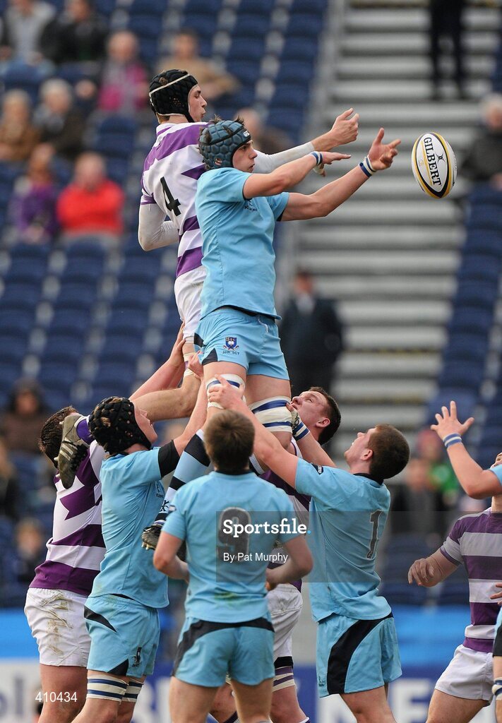 17 March 2010; Emmet McMahon, St. Michael's College, in action in the line-out against Tadhg Beirne, Clongowes Wood College SJ. Leinster Schools Senior Cup Final, Clongowes Wood College SJ v St. Michael's College. RDS, Ballsbridge, Dublin. Picture credit: Pat Murphy / SPORTSFILE