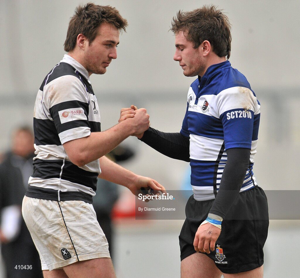 17 March 2010; PBC joint captain Niall Scannell, left, with JJ Hanrahan of Rockwell College after the game. Munster Schools Senior Cup Final, Rockwell College v PBC, Thomond Park, Limerick. Picture credit: Diarmuid Greene / SPORTSFILE