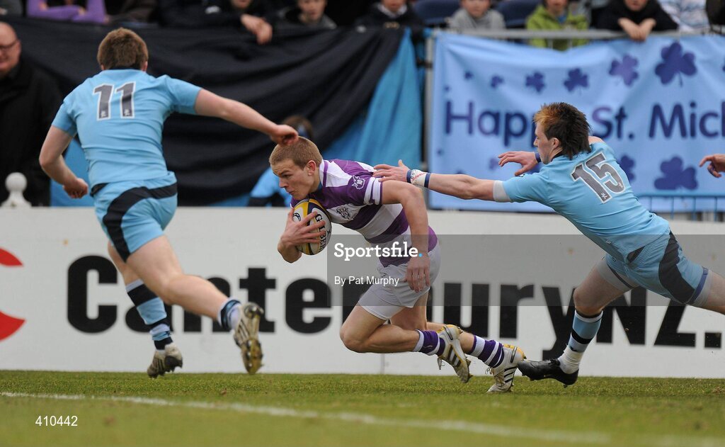 17 March 2010; Garret O'Sulleabhain, Clongowes Wood College SJ, goes over for his side's first try despite the challenge of David Egan, 11, and Cormac Diamond, St. Michael's College. Leinster Schools Senior Cup Final, Clongowes Wood College SJ v St. Michael's College. RDS, Ballsbridge, Dublin. Picture credit: Pat Murphy / SPORTSFILE