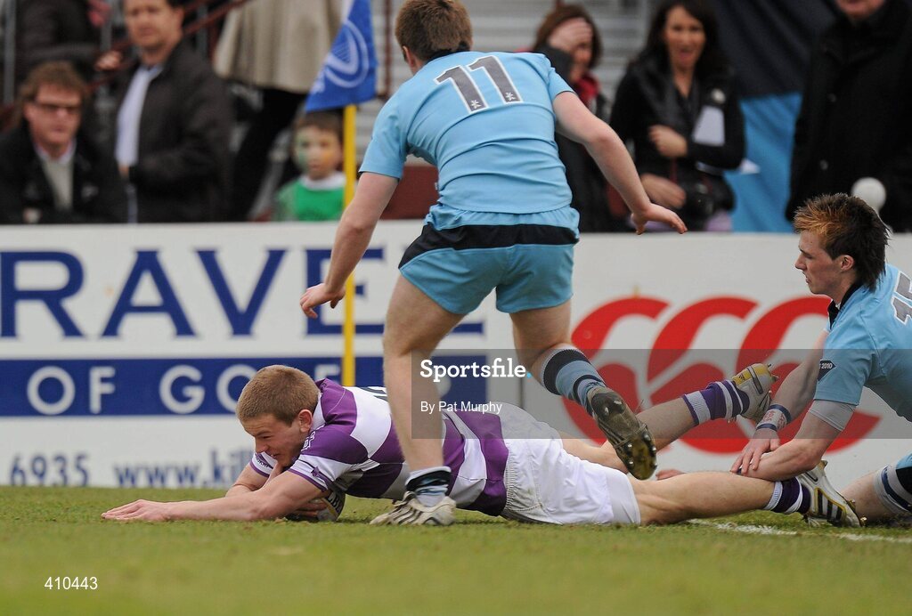 17 March 2010; Garret O'Sulleabhain, Clongowes Wood College SJ, goes over for his side's first try despite the challenge of David Egan, 11, and Cormac Diamond, St. Michael's College. Leinster Schools Senior Cup Final, Clongowes Wood College SJ v St. Michael's College. RDS, Ballsbridge, Dublin. Picture credit: Pat Murphy / SPORTSFILE