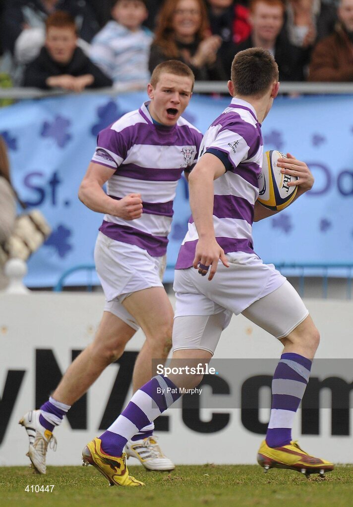 17 March 2010; Garret O'Sulleabhain, Clongowes Wood College SJ, celebrates after scoring his side's first try against St. Michael's College with team-mate Nick McCarthy, right. Leinster Schools Senior Cup Final, Clongowes Wood College SJ v St. Michael's College. RDS, Ballsbridge, Dublin. Picture credit: Pat Murphy / SPORTSFILE