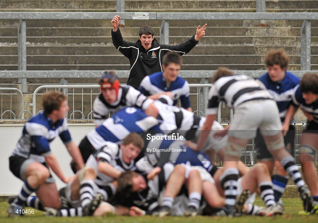 17 March 2010; Rockwell College forwards coach Kevin Leamy, brother of Munster and Ireland player Denis Leamy, shouts instructions to his players during the game. Munster Schools Senior Cup Final, Rockwell College v PBC, Thomond Park, Limerick. Picture credit: Diarmuid Greene / SPORTSFILE