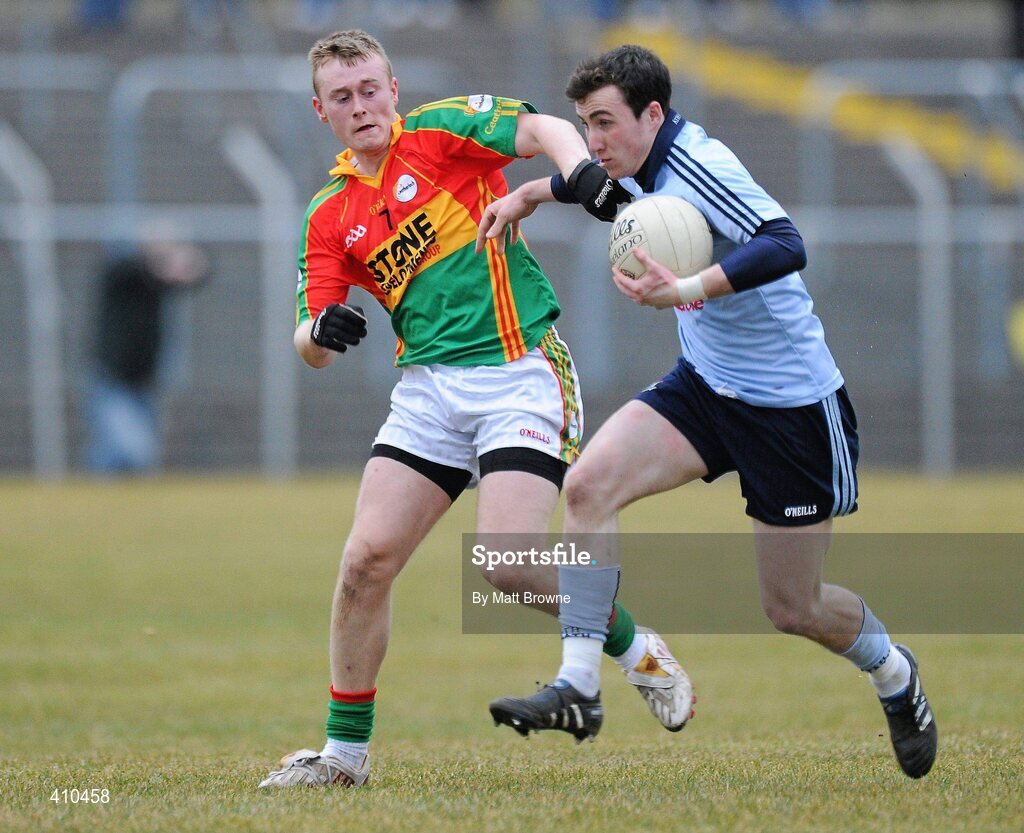 17 March 2010; Ciaran Dorney, Dublin, in action against Alan Callinan, Carlow. Cadbury Leinster GAA Football Under 21 Semi-Final, Carlow v Dublin, Dr Cullen Park, Carlow. Picture credit: Matt Browne / SPORTSFILE