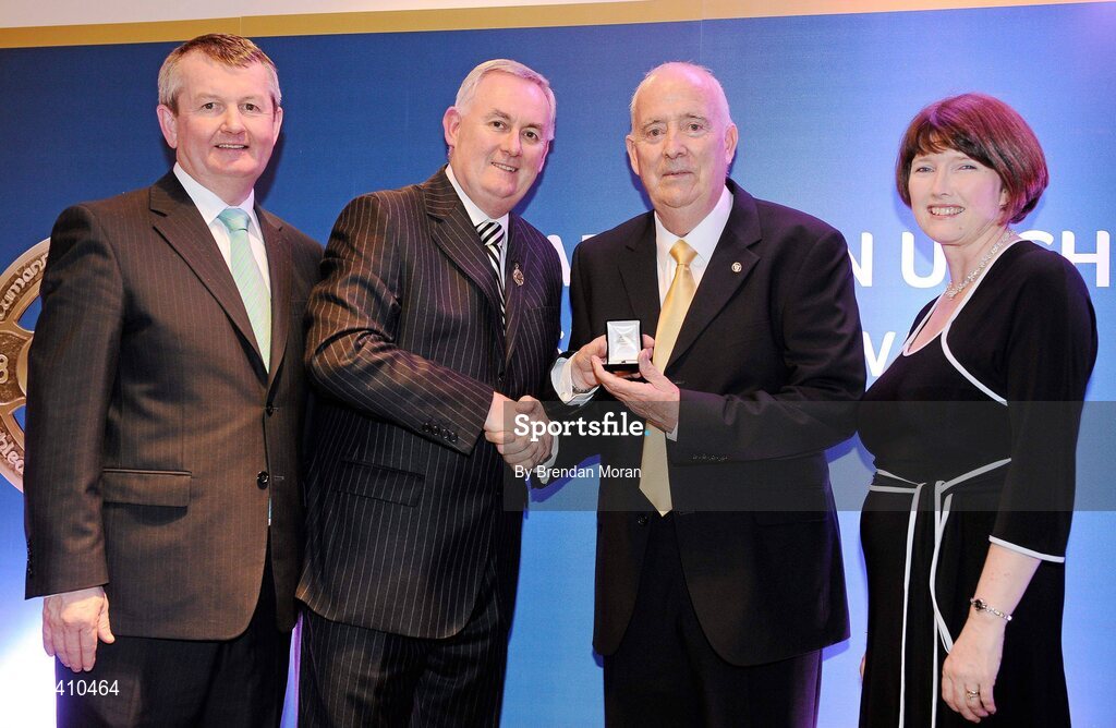 17 March 2009; Joe Roarke, Tara GAA Club, Warkickshire, is presented with a GAA President's Award by Uachtarán CLG Criostóir Ó Cuana in the company of Pol O Gallchoir, Ceannsai, TG4 and Joanne Lee, AIB Bank. Joe joined Tara Club in Warwickshire, where he was a player and Secretary. Joe was Provincial Secretary of Britain for 20 years and still serves on one of the council sub-committees. GAA President’s Awards 2010, Croke Park, Dublin. Picture credit: Brendan Moran / SPORTSFILE