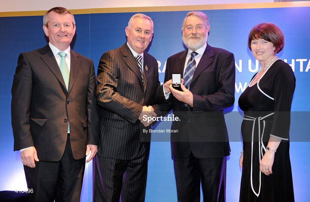 16 March 2009; Séamus Spaight, Meelick GAA Club, Co. Clare, is presented with a GAA President's Award by Uachtarán CLG Criostóir Ó Cuana, in the company of Pol O Gallchoir, Ceannsai, TG4, and Joanne Lee, Head of Internal Cummunications, AIB. Seamus became Club Treasurer in 1976, a position he holds to this day. He spearheaded the purchase and development of the club grounds at Meelick, which included the land initially purchased in the early 1980s, the dressing rooms built in 1990 and a new sand-based pitch in 2003. GAA President’s Awards 2010, Croke Park, Dublin. Picture credit: Brendan Moran / SPORTSFILE