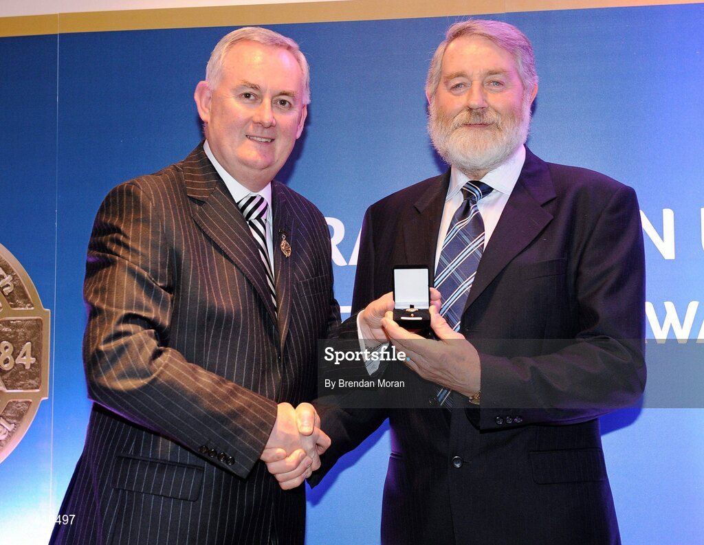 16 March 2009; Séamus Spaight, Meelick GAA Club, Co. Clare, is presented with a GAA President's Award by Uachtarán CLG Criostóir Ó Cuana. Seamus became Club Treasurer in 1976, a position he holds to this day. He spearheaded the purchase and development of the club grounds at Meelick, which included the land initially purchased in the early 1980s, the dressing rooms built in 1990 and a new sand-based pitch in 2003. GAA President’s Awards 2010, Croke Park, Dublin. Picture credit: Brendan Moran / SPORTSFILE