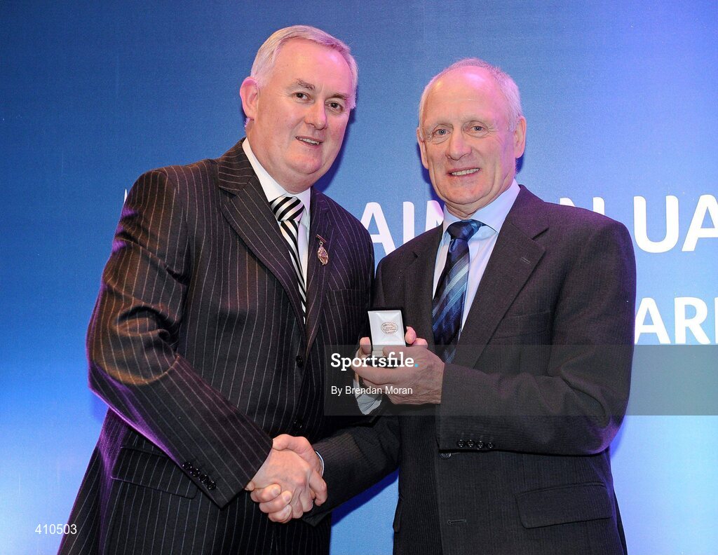16 March 2009; Patsy Forbes, O’Donovan Rossa GAA Club, Ardboe, Co. Tyrone, is presented with a GAA President's Award by Uachtarán CLG Criostóir Ó Cuana. Patsy has been at the centre of GAA affairs in his club since he was 16 years old and is currently a club trustee. He has been there in administration for over 30 years. GAA President’s Awards 2010, Croke Park, Dublin. Picture credit: Brendan Moran / SPORTSFILE