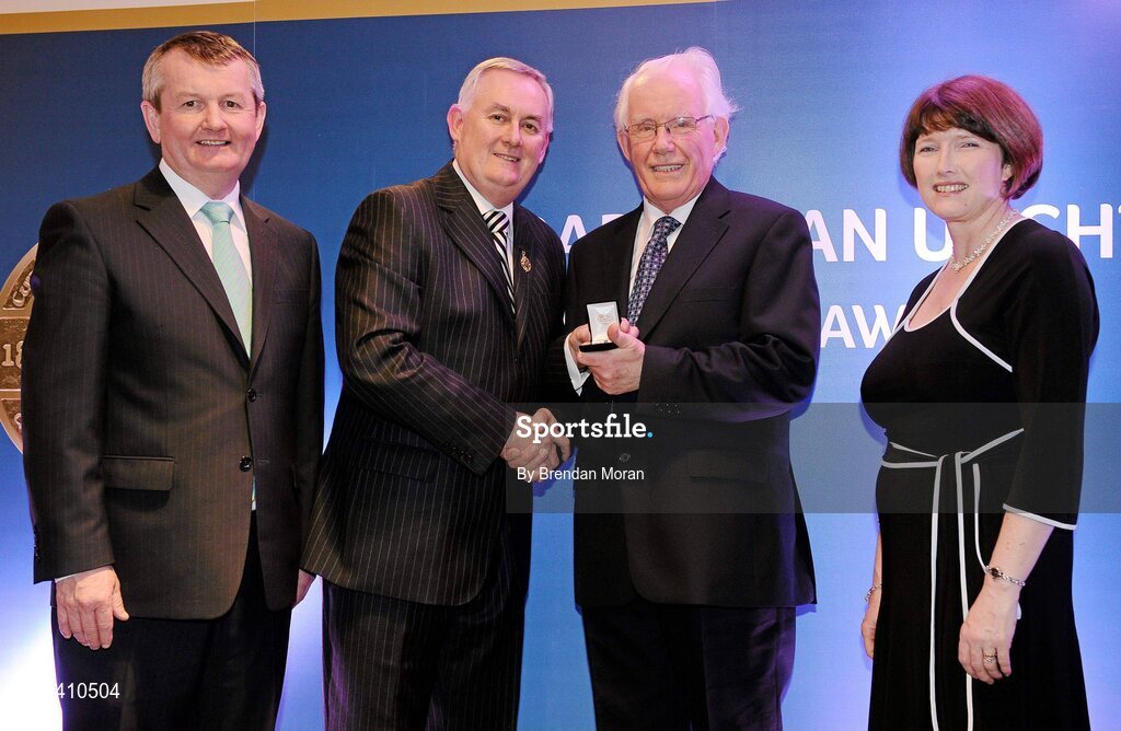 16 March 2009; Billy Horan, Ballinrobe GAA Club, Co. Mayo, is presented with a GAA President's Award by Uachtarán CLG Criostóir Ó Cuana, in the company of Pol O Gallchoir, Ceannsai, TG4, and Joanne Lee, Head of Internal Cummunications, AIB. Billy, a National school teacher and journalist, started writing for the Mayo News in 1951 and contributed to the now defunct Western Journal, the Connacht Tribune, the Western People and the Connacht Telegraph. Billy’s reports on games were highly acclaimed. GAA President’s Awards 2010, Croke Park, Dublin. Picture credit: Brendan Moran / SPORTSFILE