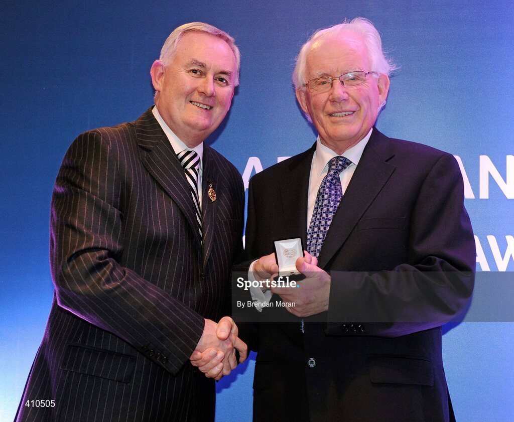 16 March 2009; Billy Horan, Ballinrobe GAA Club, Co. Mayo, is presented with a GAA President's Award by Uachtarán CLG Criostóir Ó Cuana. Billy, a National school teacher and journalist, started writing for the Mayo News in 1951 and contributed to the now defunct Western Journal, the Connacht Tribune, the Western People and the Connacht Telegraph. Billy’s reports on games were highly acclaimed. GAA President’s Awards 2010, Croke Park, Dublin. Picture credit: Brendan Moran / SPORTSFILE