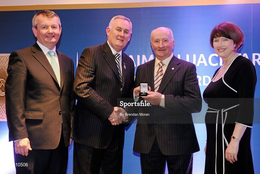 16 March 2009; Jarlath Connolly, Milltown GAA Club, Co. Galway, is presented with a GAA President's Award by Uachtarán CLG Criostóir Ó Cuana, in the company of Pol O Gallchoir, TG4, and Joanne Lee, Head of Internal Cummunications, AIB. Jarlath has been Club Chairman since1993. During his tenure there have been many improvements to the club’s facilities, such as the purchase of a new pitch and extended dressing rooms. GAA President’s Awards 2010, Croke Park, Dublin. Picture credit: Brendan Moran / SPORTSFILE