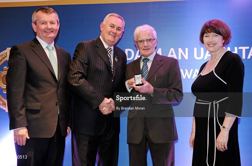 16 March 2009; Tommy McLoughlin, Wolfe Tones GAA Club, Co. Longford, is presented with a GAA President's Award by Uachtarán CLG Criostóir Ó Cuana, in the company of Pol O Gallchoir, Ceannsai, TG4, and Joanne Lee, Head of Internal Cummunications, AIB. Tommy became Club Secretary in 1969 through until 1976. During his term, he oversaw the development of the Club’s pitch and dressing rooms. He also resumed his previous role as county board delegate, which is a position he holds to this day. GAA President’s Awards 2010, Croke Park, Dublin. Picture credit: Brendan Moran / SPORTSFILE