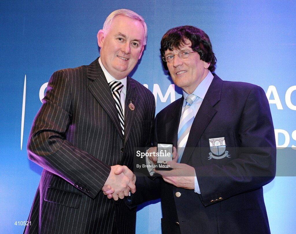 16 March 2009; Charlie McAlester, Newtown Blues GAA Club, Co. Louth, is presented with a GAA President's Award by Uachtarán CLG Criostóir Ó Cuana. For 39 years, Charlie had seen to it that Louth County teams of all levels were togged out to the very best standards. His standing in the world of the GAA has been perfectly demonstrated over the past 11 months during his battle with serious illness. It was with regret that Charlie had to give up his job as Louth kitman but his interest in Wee County teams remains strong. GAA President’s Awards 2010, Croke Park, Dublin. Picture credit: Brendan Moran / SPORTSFILE